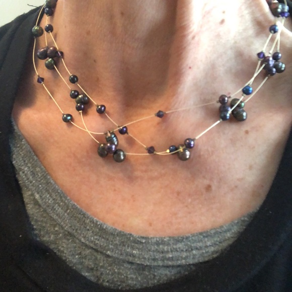 Sterling Silver Clasp And Purple, Blue and Bronzy Pearls and Crystal Necklace - Picture 11 of 13